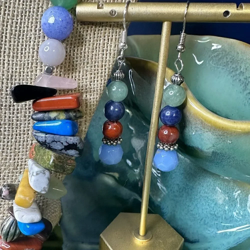 New Handcrafted Genuine Semi Precious Gemstone Necklace & Earrings 22”